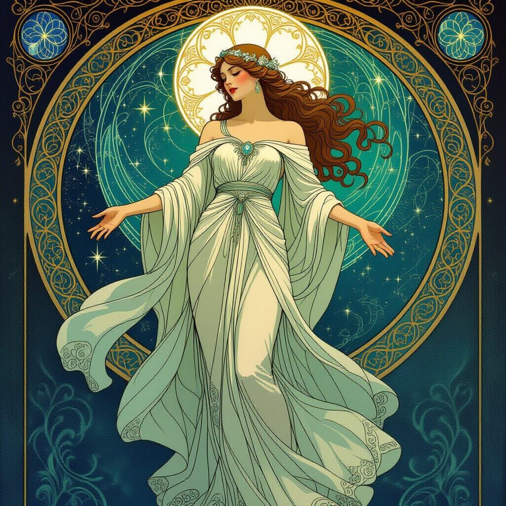 Ethereal Woman in Silken Robes, Art Nouveau Style