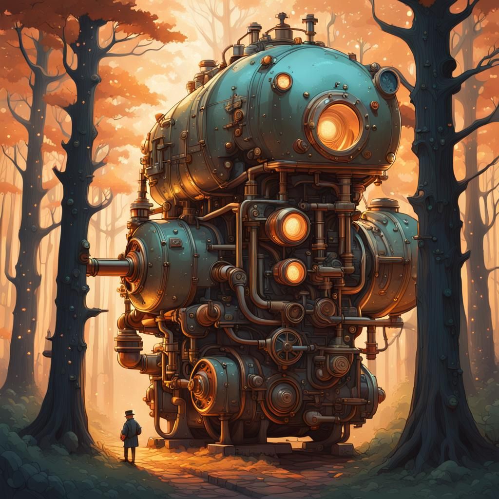 Steampunk Engine in Mystical Forest Illustration