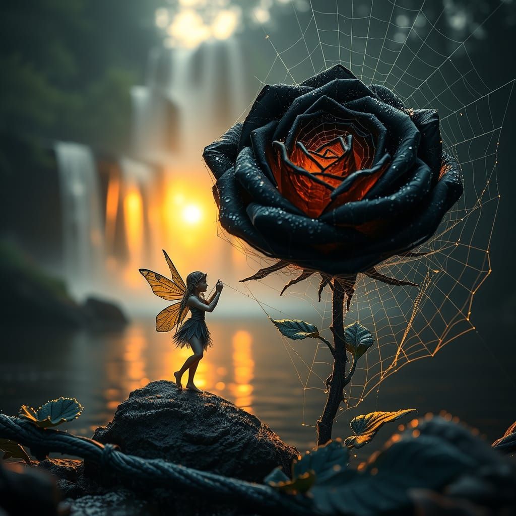 Fairies Weave Giant Spider Web Rose by Waterfall