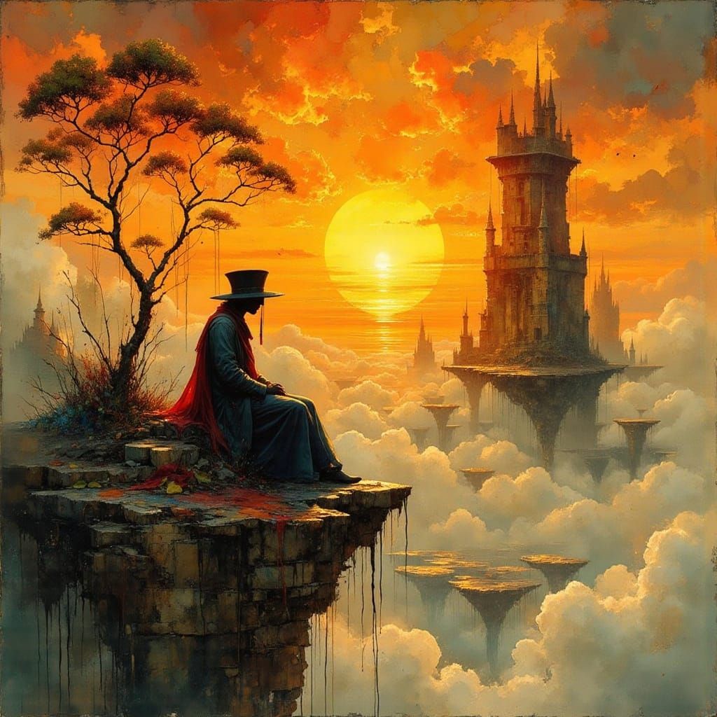 Neo-Gothic Tower Amidst Vibrant Sunset and Floating Islands