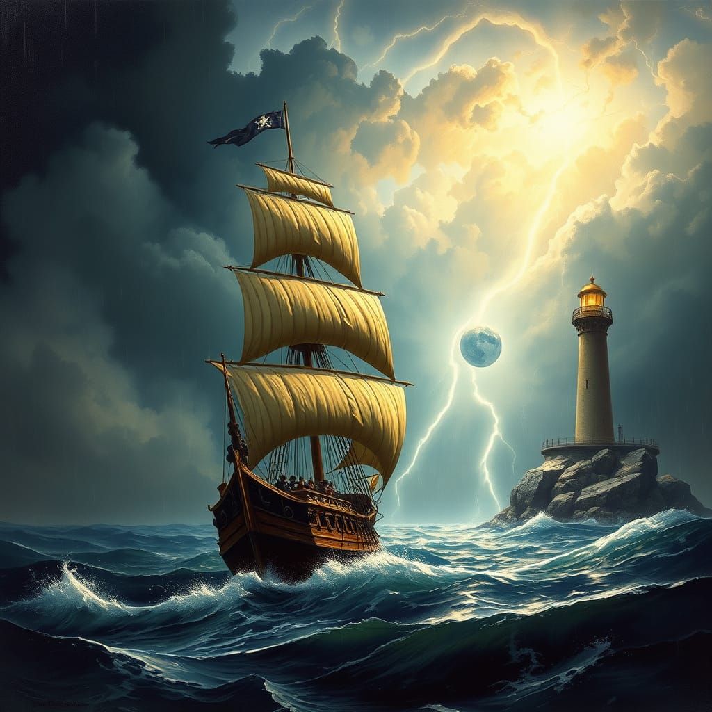 Dramatic Pirate Ship Navigates Stormy Seas by Lighthouse Lig...