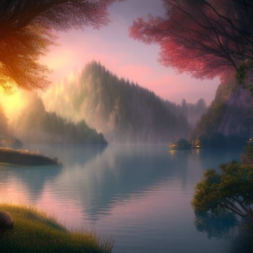 Magical Misty Lake at Sunrise: Fantasy Concept Art