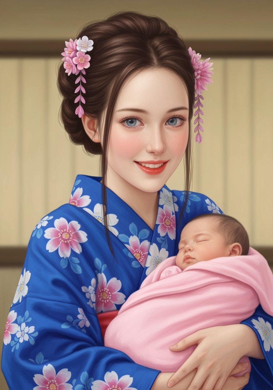 Woman in Yukata Holding Baby at Japanese Wedding