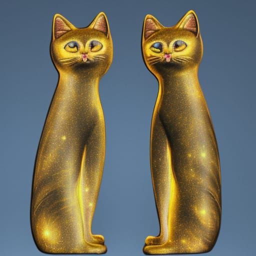 Twin Cat Statues Reflected in Cosmic Water
