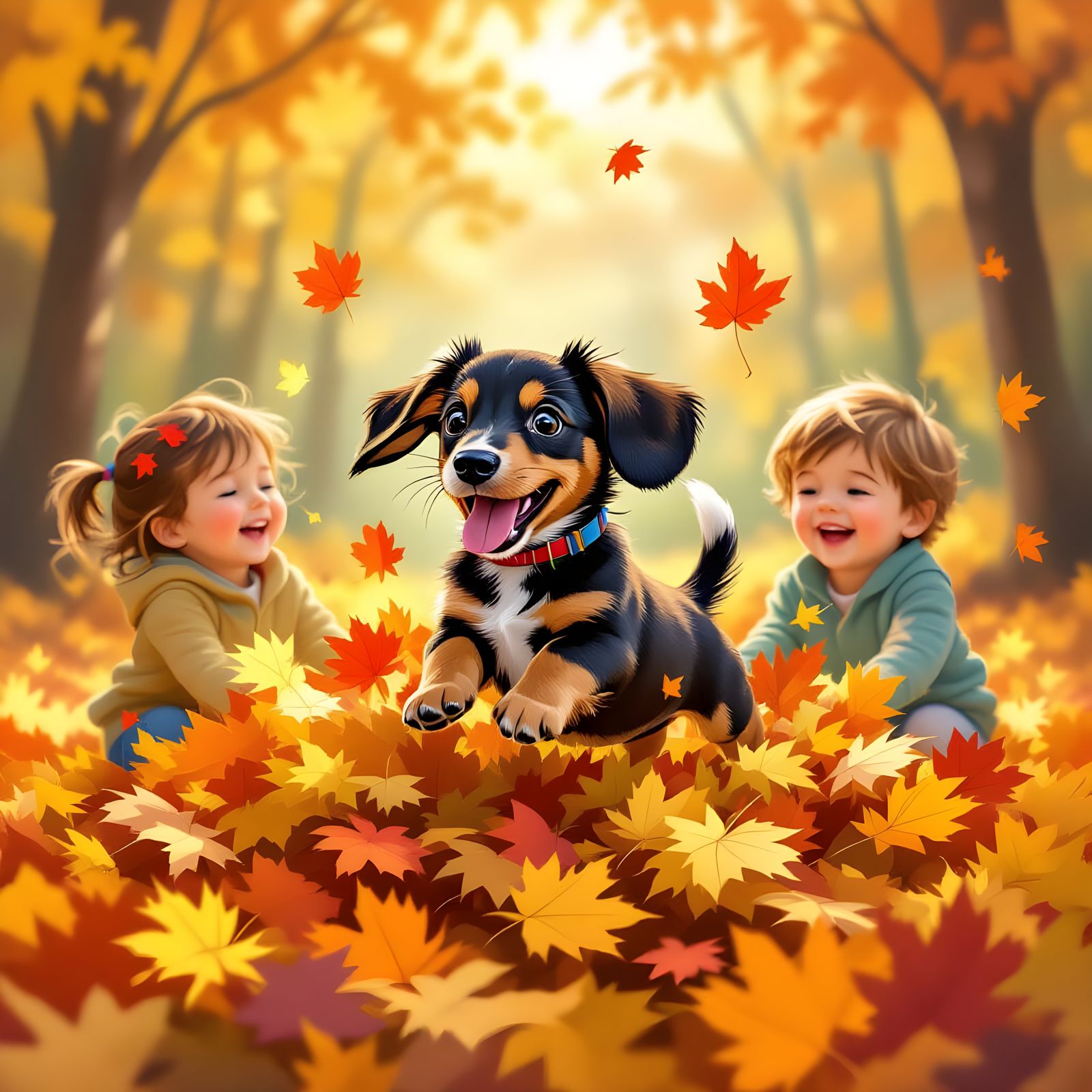 Dachshund Puppy Plays with Children in Autumn Leaves