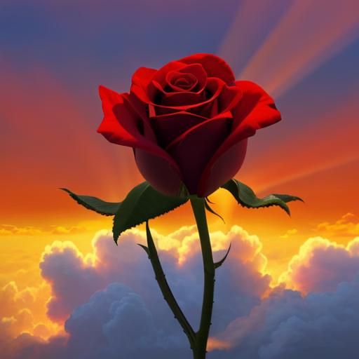 Fiery Red Rose Bathed in Heavenly Light
