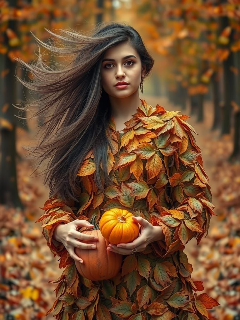 Palestinian Woman in Autumn Leaf Dress Portrait