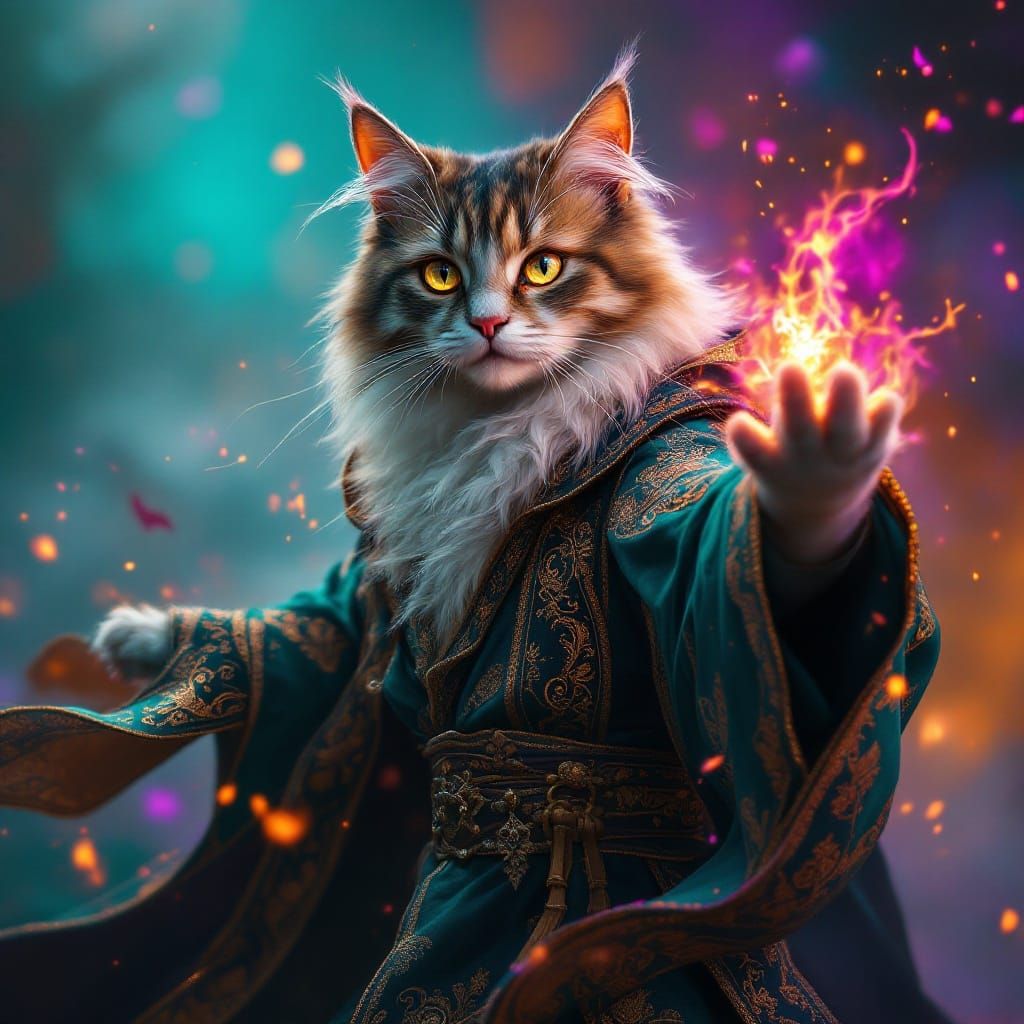Mystical Feline Sorcerer in Elegant Robes
