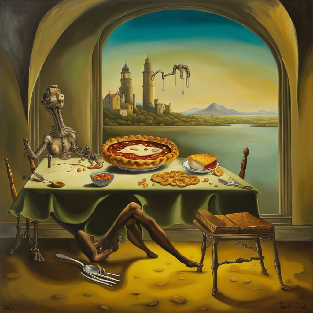 Surreal Animal Defends Magic Pie, Dali-esque Oil Painting