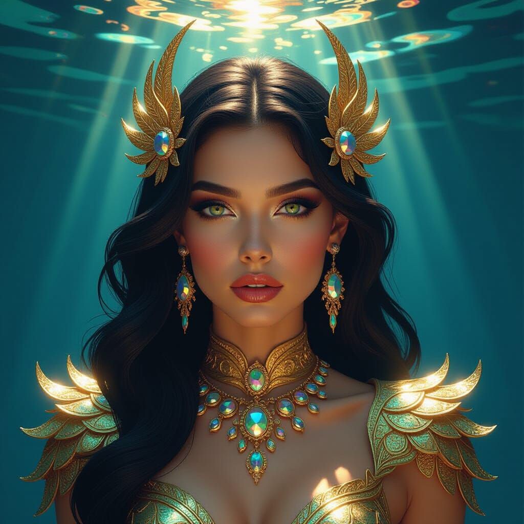 Golden Siren's Enigmatic Gaze in Dark Fantasy Surrealism