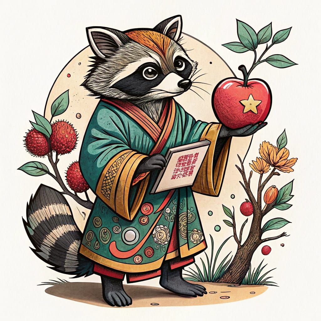 Wisdom-Granting Raccoon in Vibrant Japanese Style