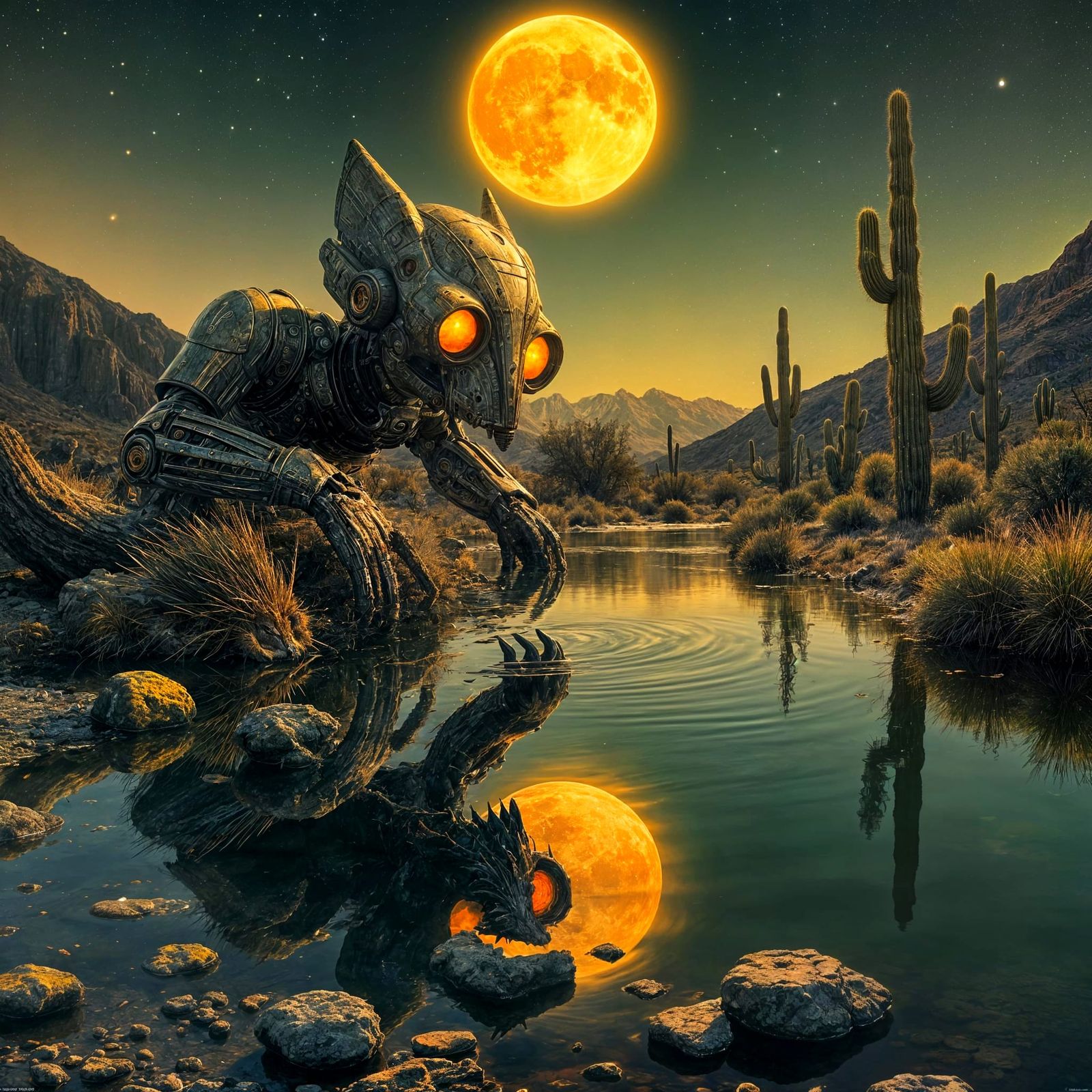 Robot Gazing at Mirrored Reflection in Desert Landscape