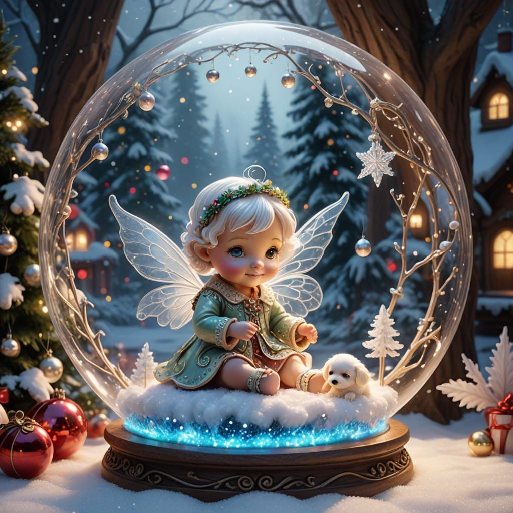 Glowing Glass Fairy Plays with Christmas Puppy in Whimsical....