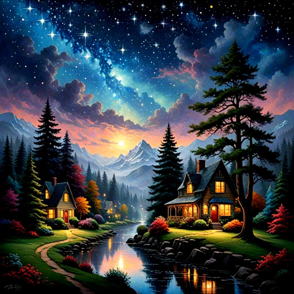 Ethereal Starry Night Sky in Kinkade Style