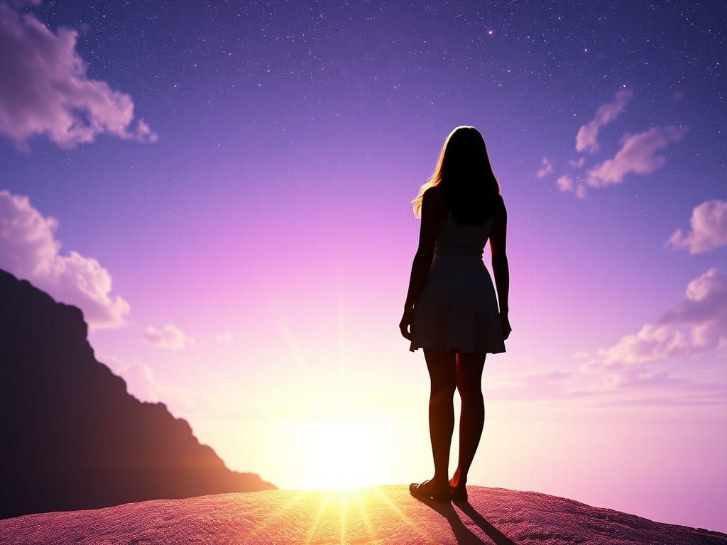 Woman Silhouetted Against Endless Iridescent Glow, in Dreaml...