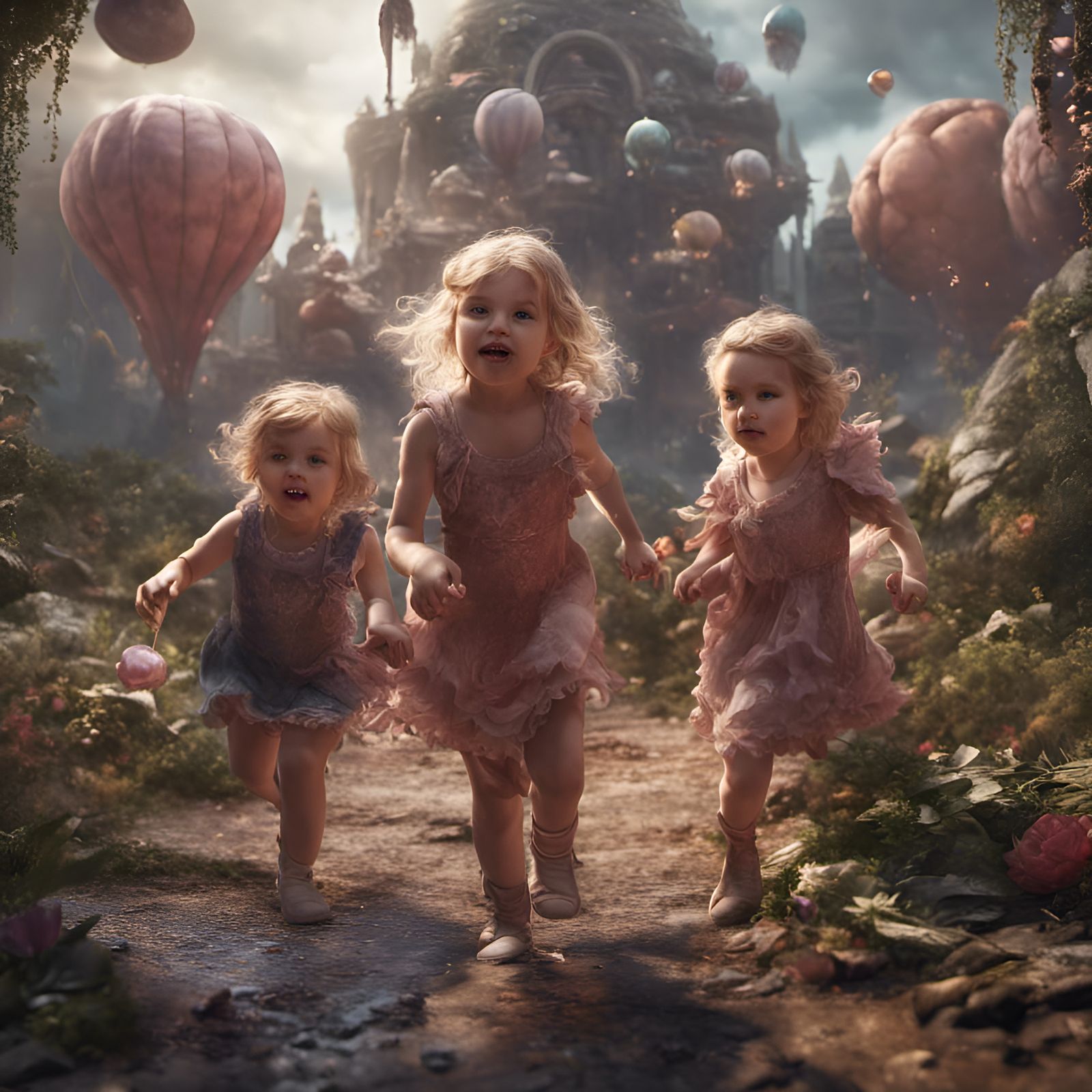 Toddler Girls Playing: Detailed Fantasy Concept Art