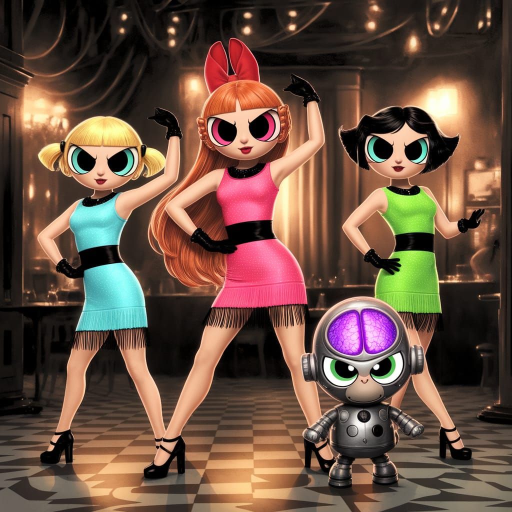 1920's Powerpuff Girls Flapper Dance in Charcoal Drawing