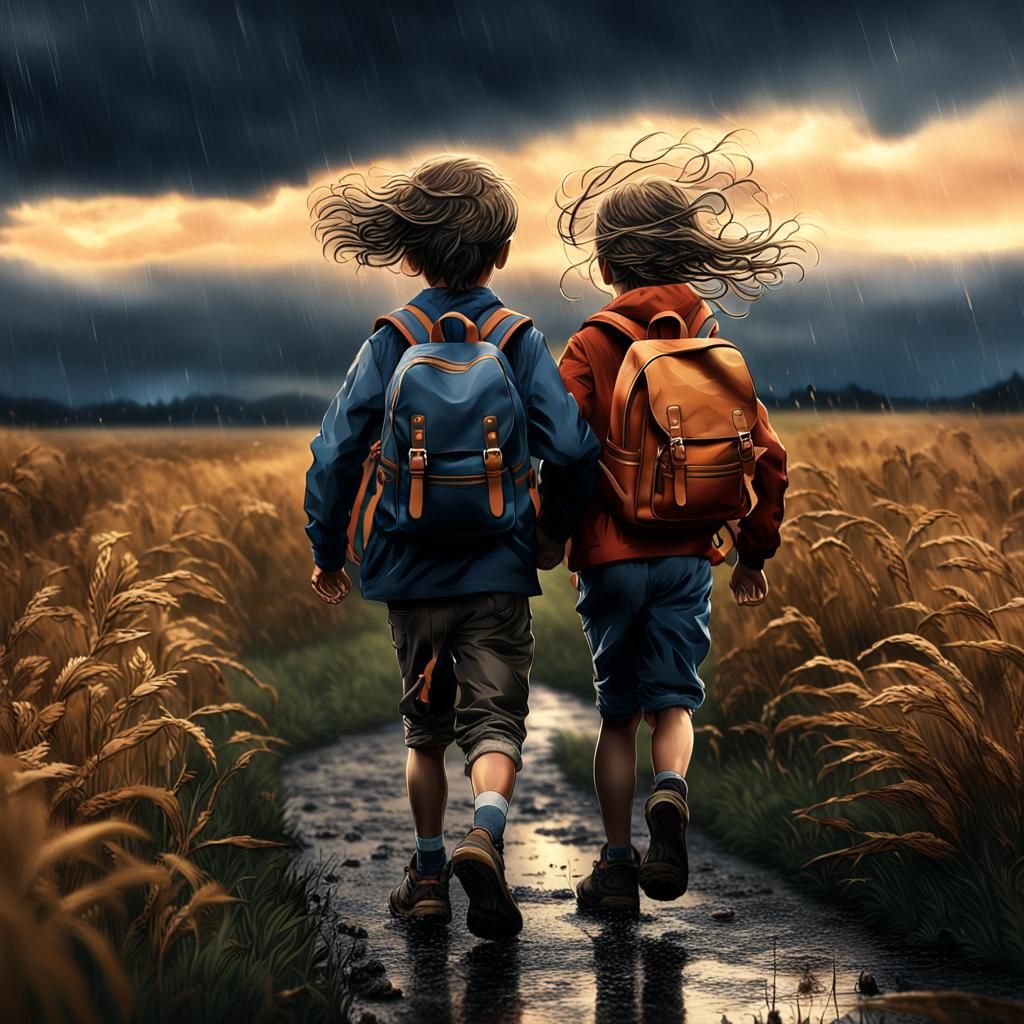 Children Run Home Through Stormy Field