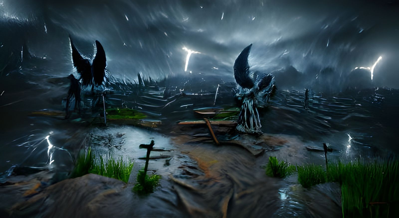 Angel of Death in Stormy, Destroyed Landscape