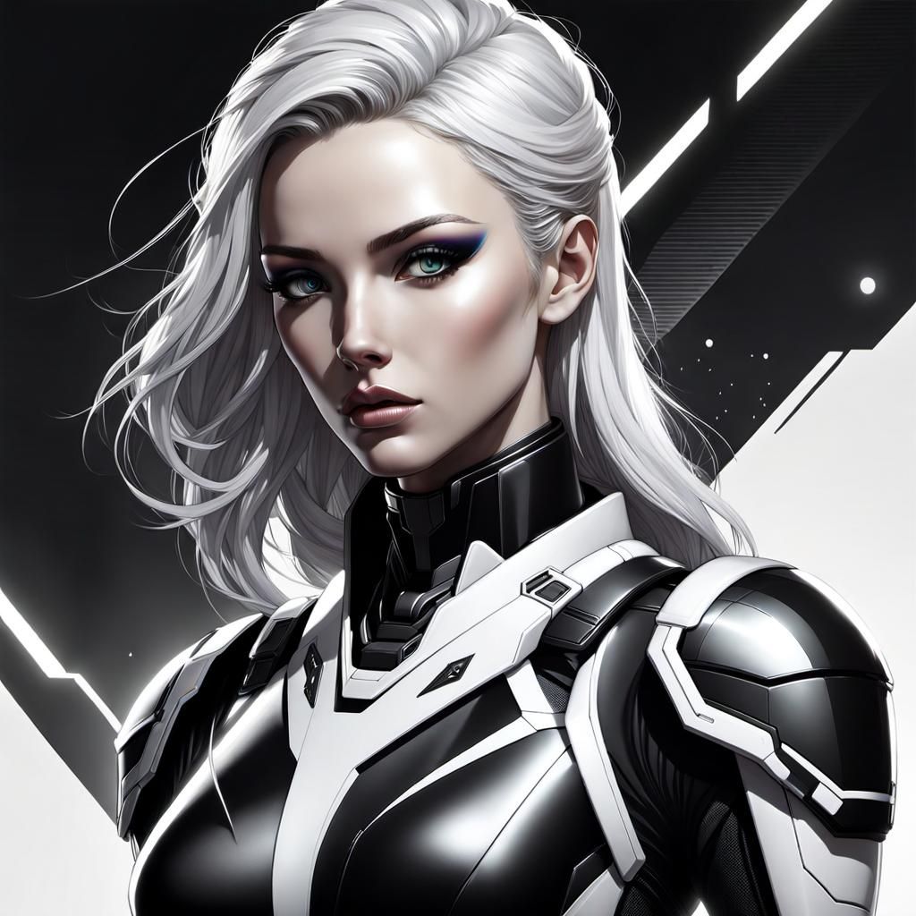 Hyperrealistic Mecha Pilot in Black and White Bodysuit