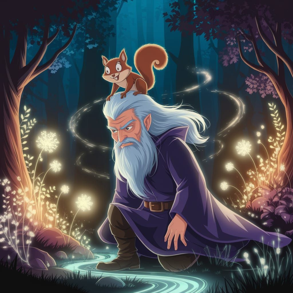 Squirrel Mischief in Bioluminescent Forest, Anime Style