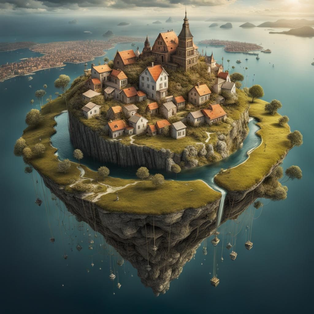 Surreal Floating Island City in Hypermaximalist Style