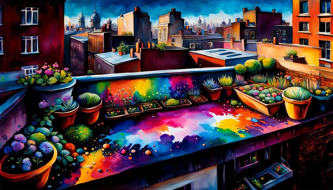 Rooftop Garden in Watercolour with Pastel Colors