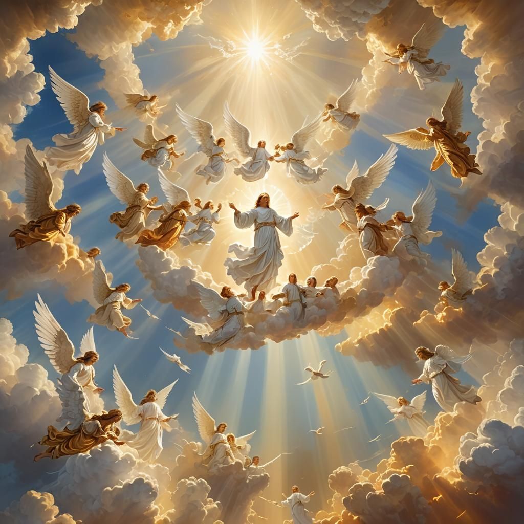 Angels Ascending to Heaven in Golden Light