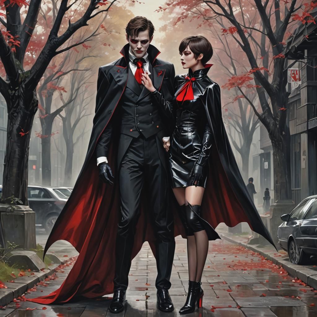 Vampire Couple Embrace in Detailed Matte Painting