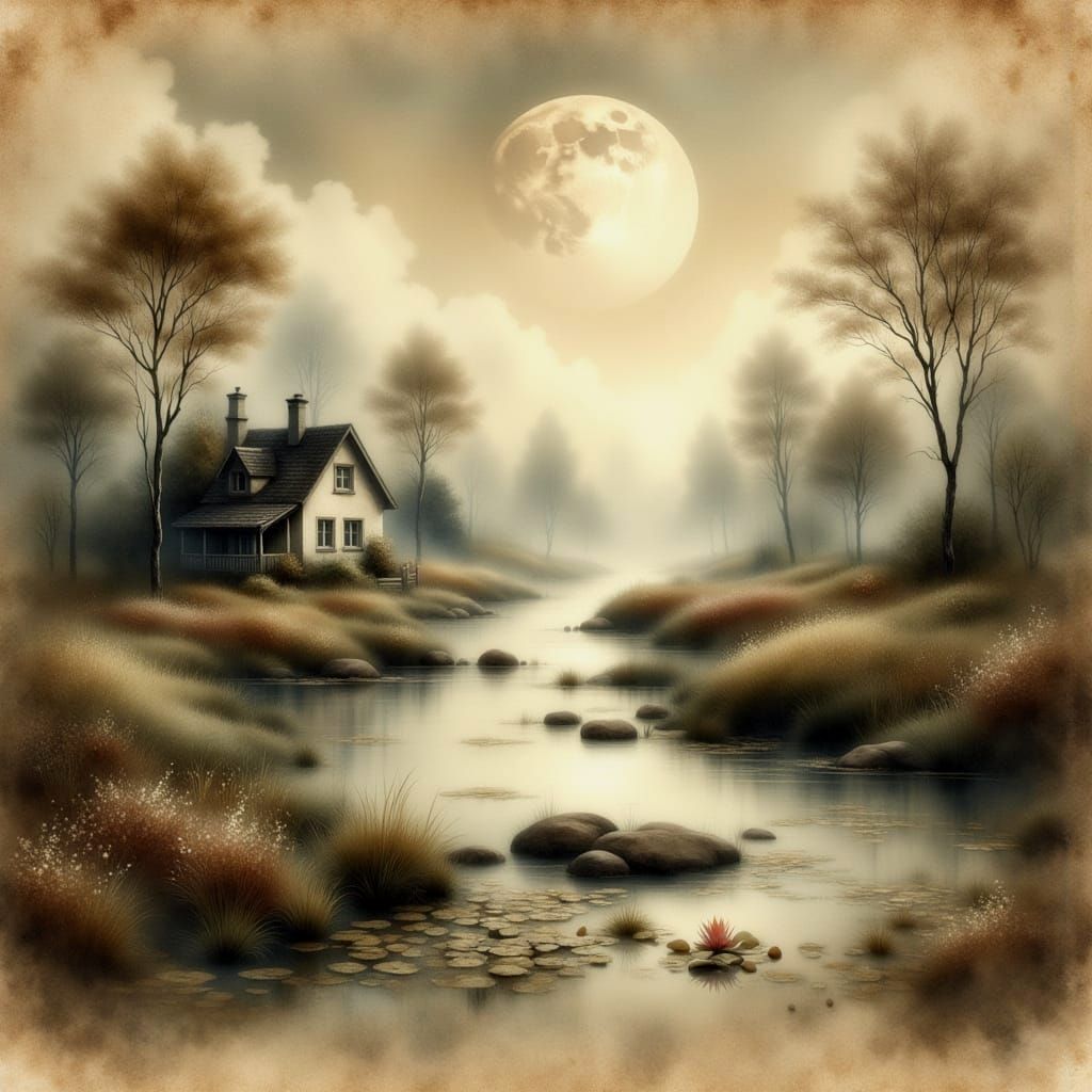 Vintage River Landscape with Rustic Cottage and Surreal Elem...