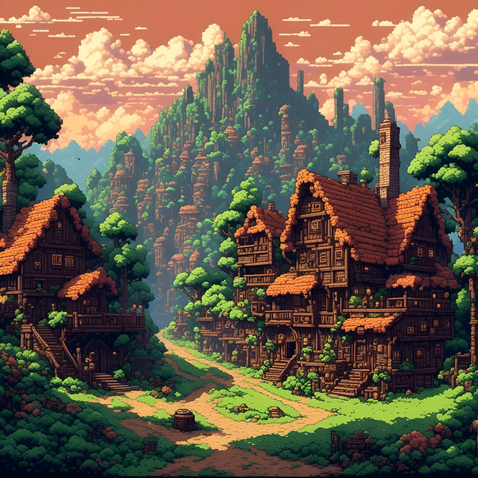 8-bit Pixel Art Village in Fantasy Landscape