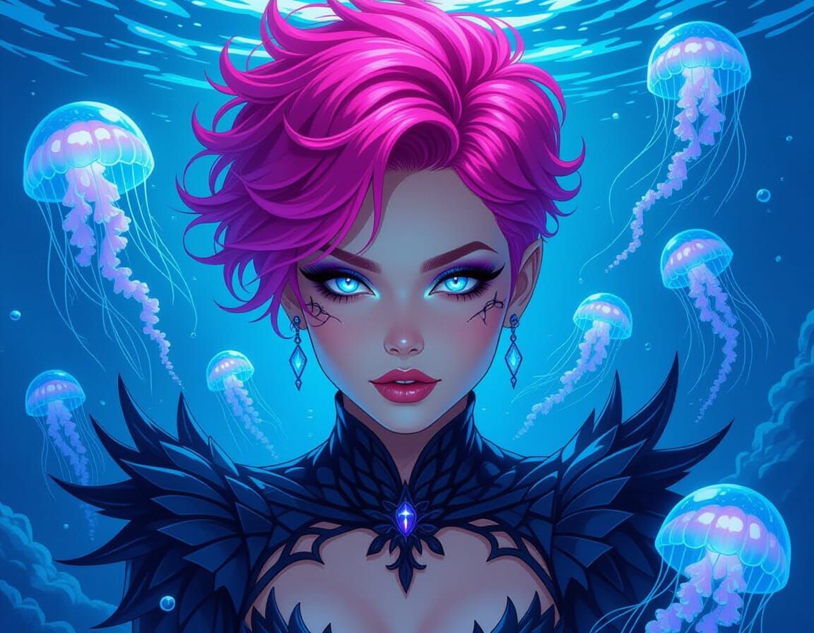 Gothic Siren Emerges from Bioluminescent Ocean