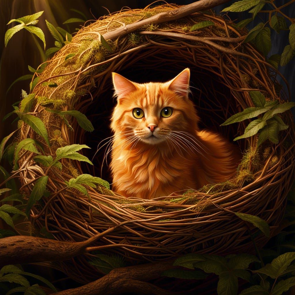 Winged Ginger Cat with Owl Eyes in Nest
