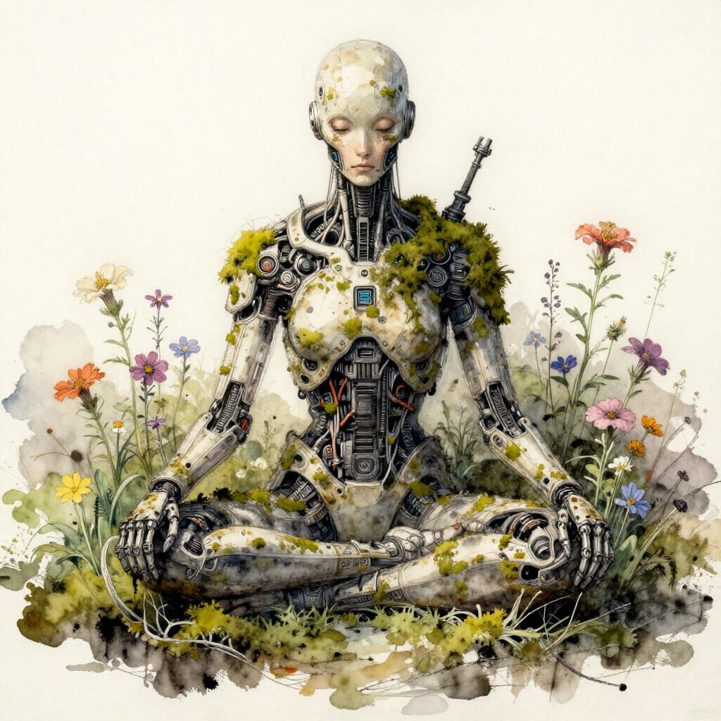 Cyberpunk Cyborg Meditating in Wildflowers Watercolour Sketc...