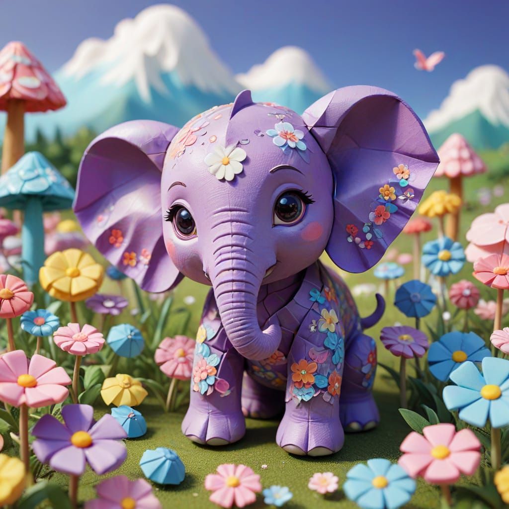 Psychedelic Chibi Elephant in Candyland Meadow