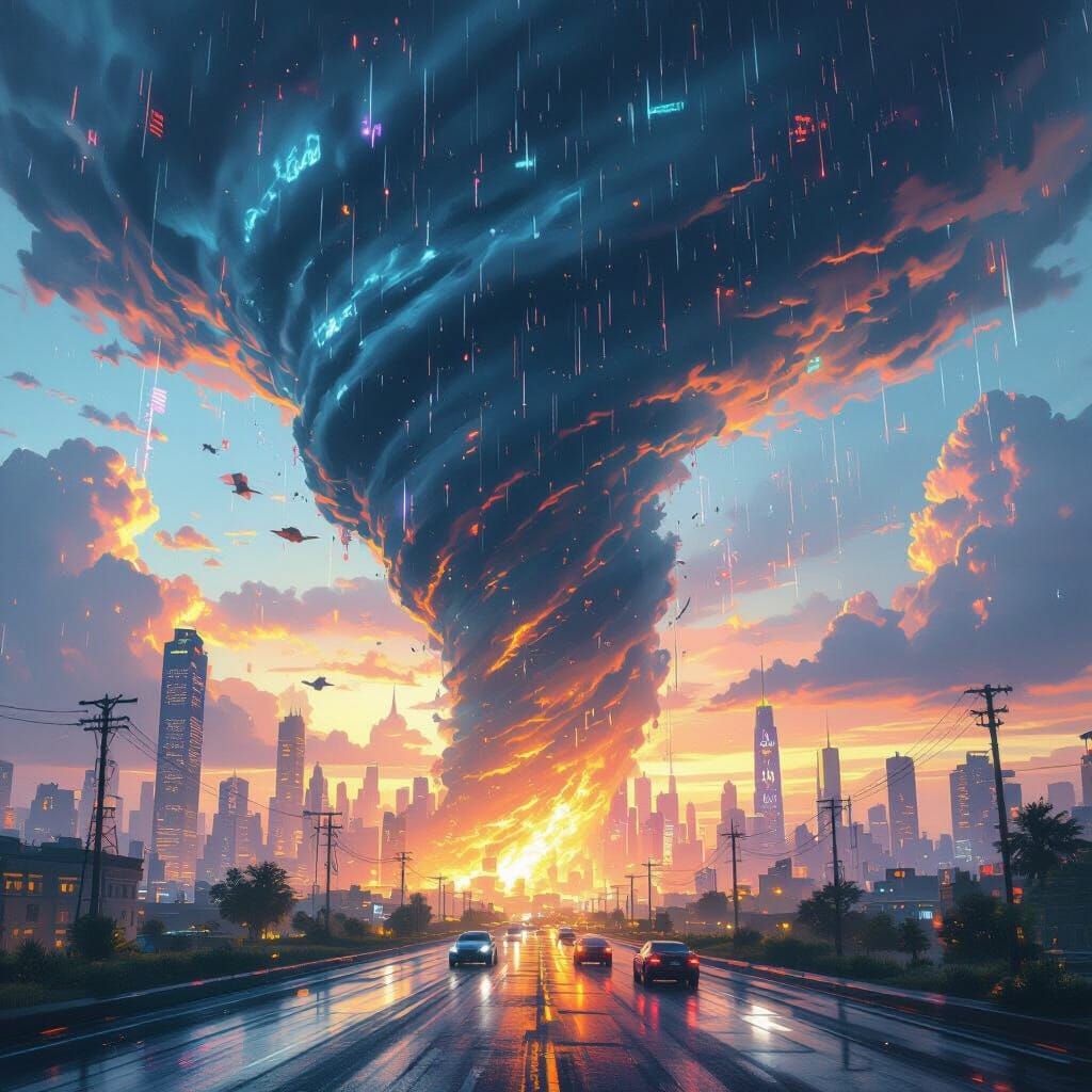 Massive Tornado Dissipates Over Neon Cyberpunk City