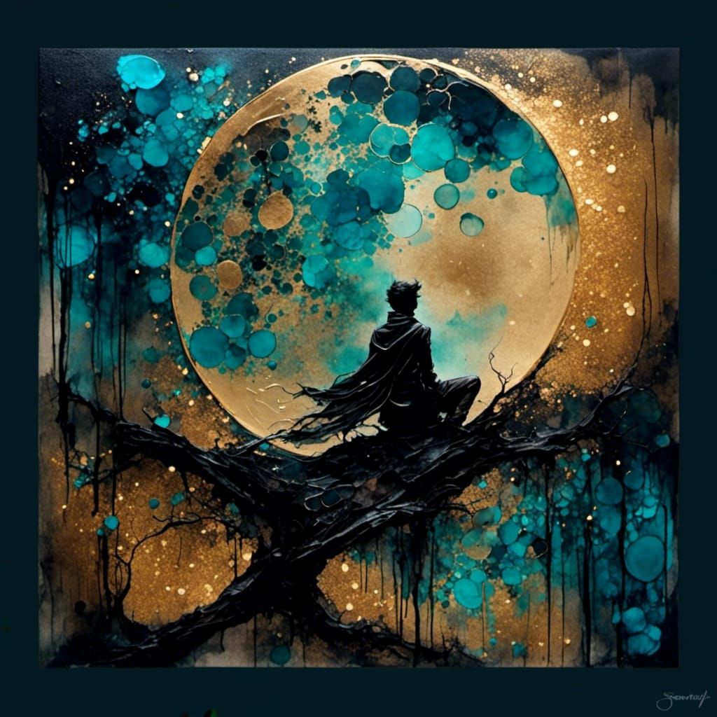 Crying Moon Man with Comet Trails and Fireflies