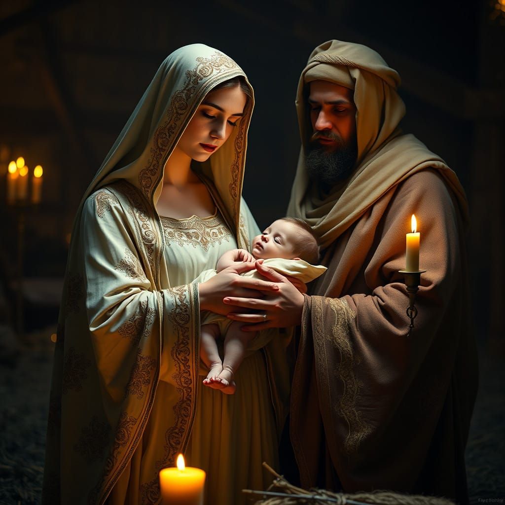 Mother Mary and Joseph in Serene Manger Scene, Hyperrealisti...