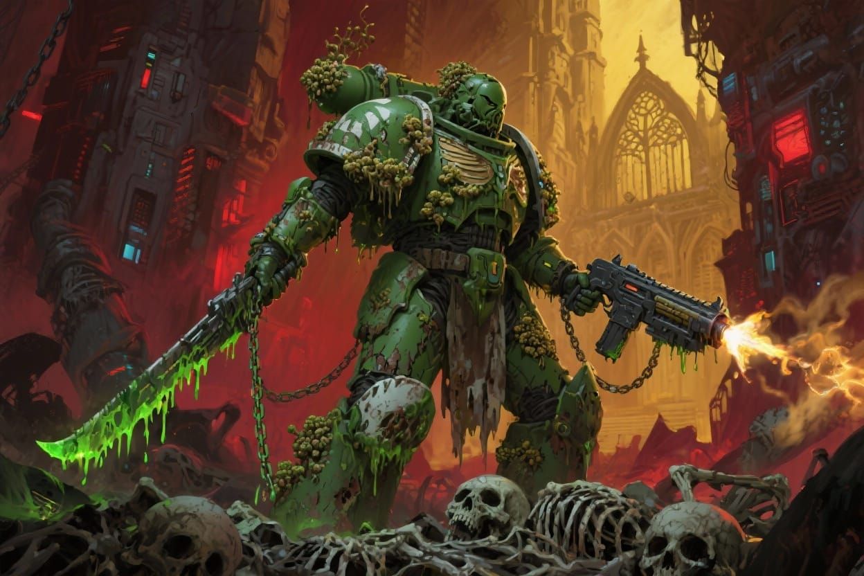 Death Guard Space Marines in Gothic Cyberpunk Setting