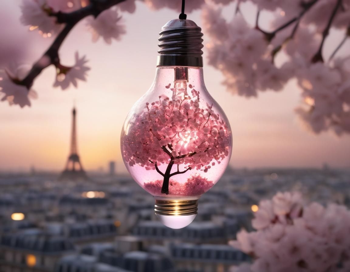 Paris in a Lightbulb Under Cherry Blossoms