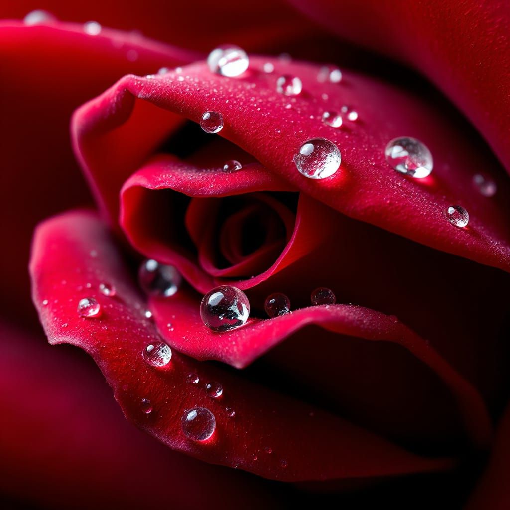 Velvety Red Rose with Dew Drops Macro Photograph