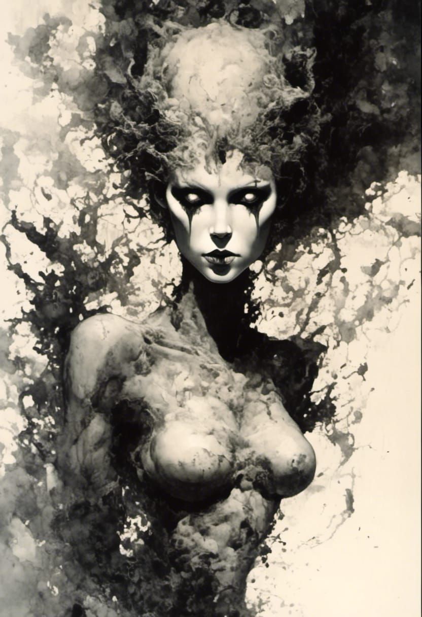 Ethereal Pale Face with Black Eyes in Frazetta Style