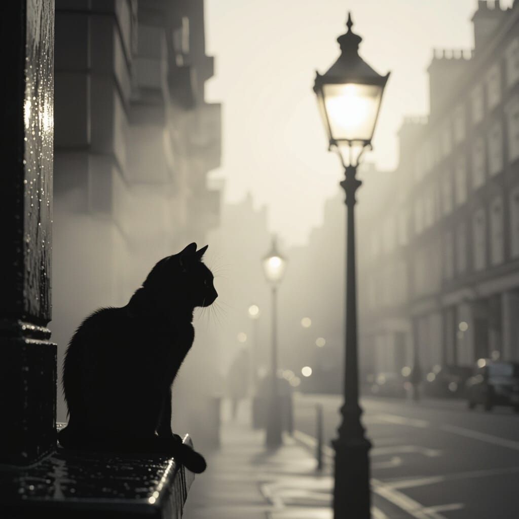 Foggy London Morning: Black Cat Shadow by Street Lamp