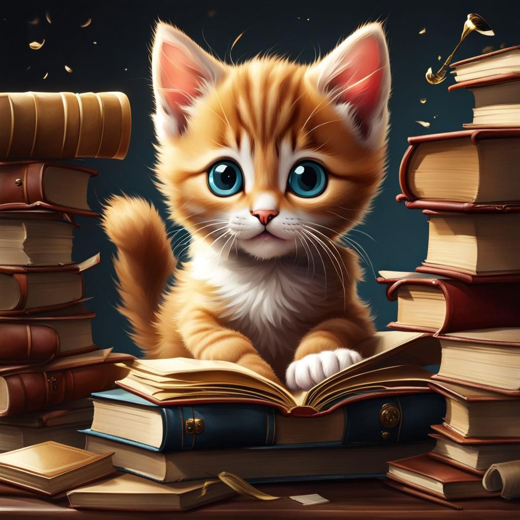Cute Kitten's Playful Book Adventure