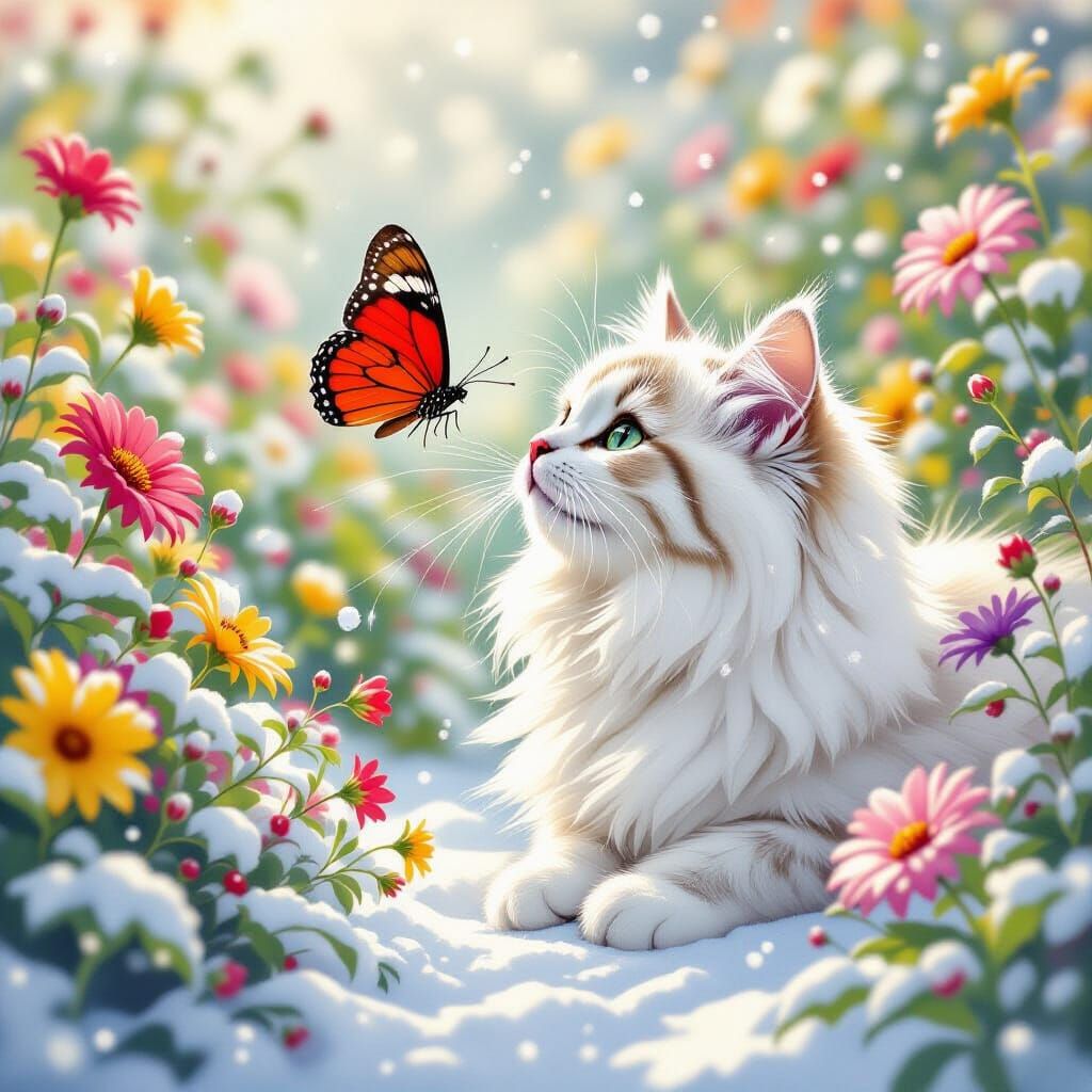 Red Butterfly Meets Fluffy Cat in Snowy Garden