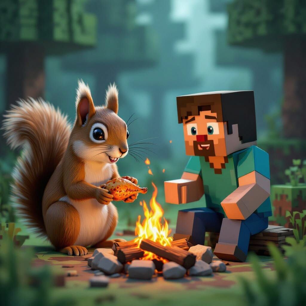Realistic Squirrel Meets Minecraft Steve by Campfire