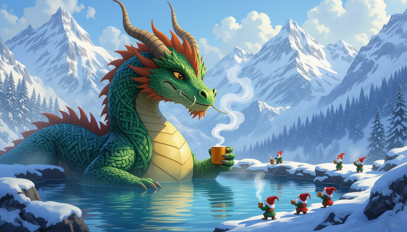 Dragon Relaxing in Hot Springs, Alphonse Mucha Style