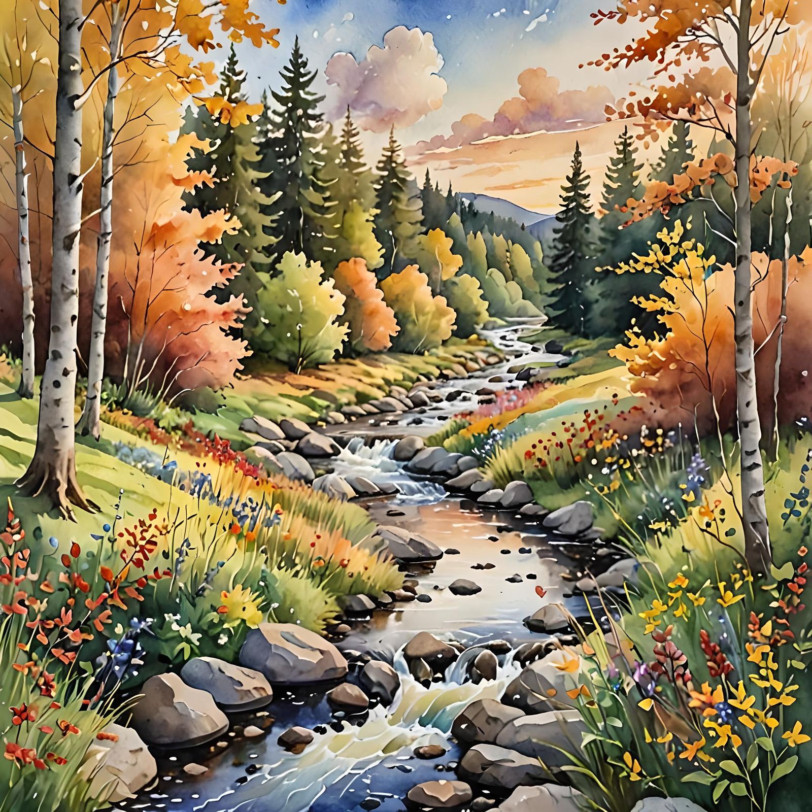 Autumnal Forest Stream in Watercolor Circle