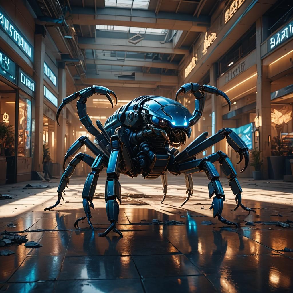 Robotic Scorpion in Abandoned Mall: Cinematic Digital Art