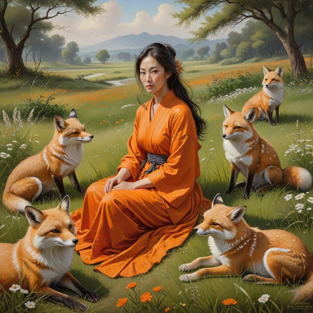 Asian Woman in Orange Robe with Foxes in Meadow